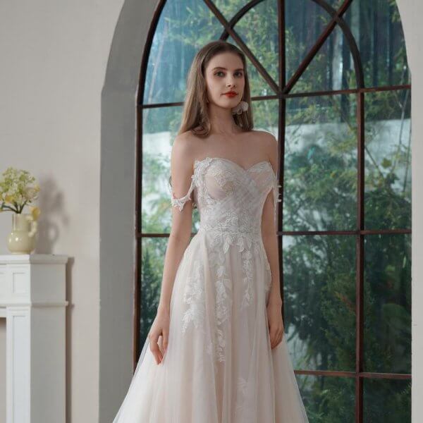 elegant a line wedding dress off the shoulder neck pleat tull split sweep strain bridal dress sh012