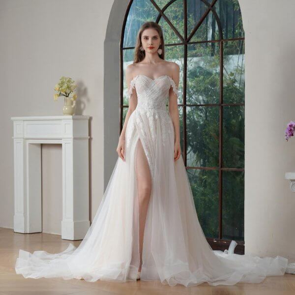 Elegant A Line Wedding Dress Off The Shoulder Neck Pleat Tull Split Sweep Strain Bridal Dress SH012