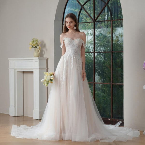 elegant a line wedding dress off the shoulder neck pleat tull split sweep strain bridal dress sh012