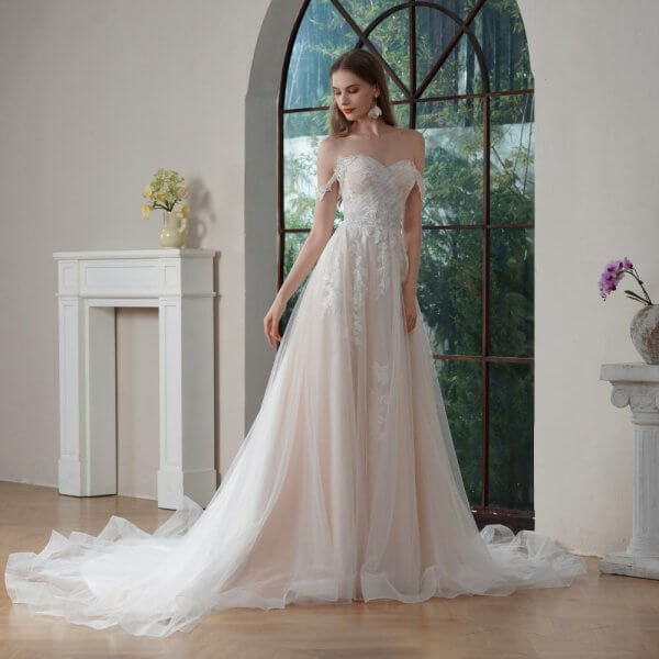 elegant a line wedding dress off the shoulder neck pleat tull split sweep strain bridal dress sh012