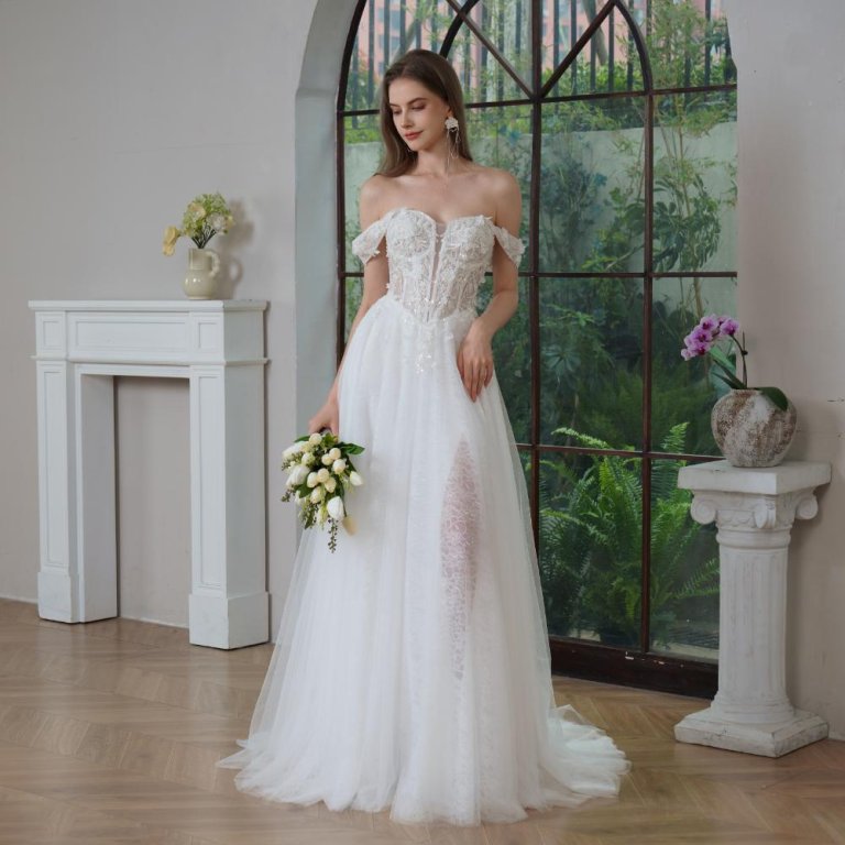 elegant a line wedding dress off the shoulder neck pleat lace split sweep strain bridal dress sh020