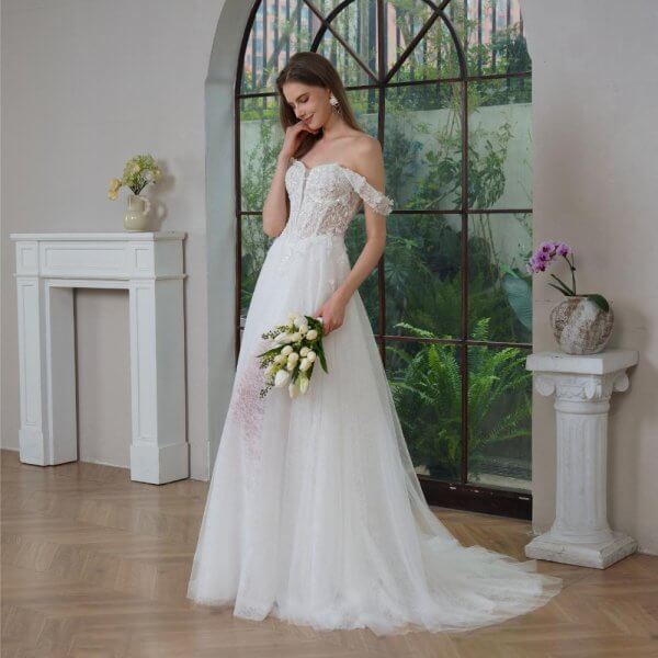 elegant a line wedding dress off the shoulder neck pleat lace split sweep strain bridal dress sh020