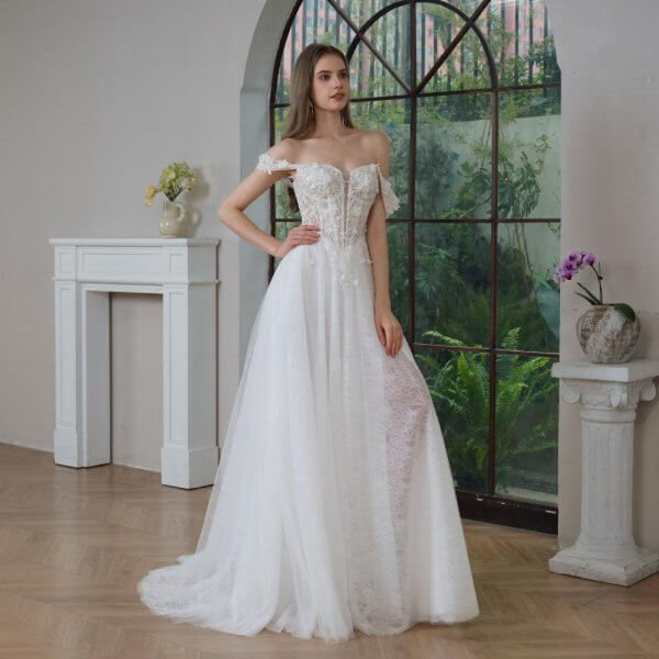 elegant a line wedding dress off the shoulder neck pleat lace split sweep strain bridal dress sh020