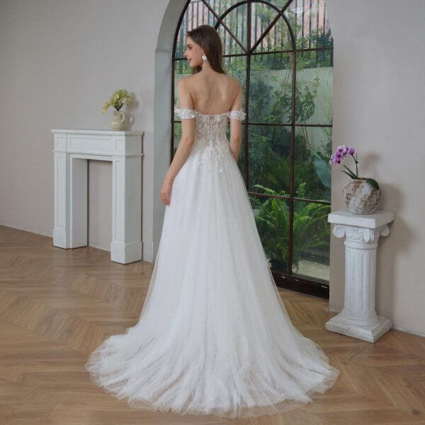 elegant a line wedding dress off the shoulder neck pleat lace split sweep strain bridal dress sh020