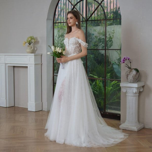 elegant a line wedding dress off the shoulder neck pleat lace split sweep strain bridal dress sh020