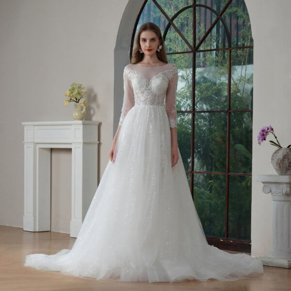 elegant a line wedding dress scoop neck 3/4 long sleeve pleat lace sweep strain bridal dress vf25006