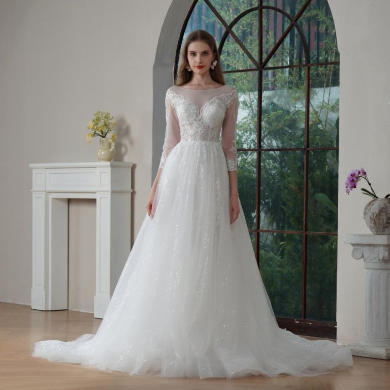 elegant a line wedding dress scoop neck 3/4 long sleeve pleat lace sweep strain bridal dress vf25006