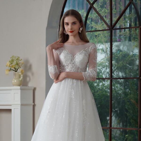 elegant a line wedding dress scoop neck 3/4 long sleeve pleat lace sweep strain bridal dress vf25006