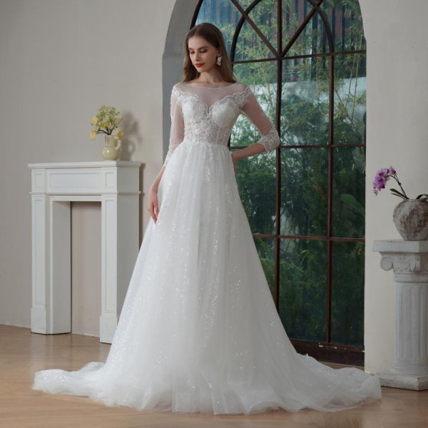 elegant a line wedding dress scoop neck 3/4 long sleeve pleat lace sweep strain bridal dress vf25006