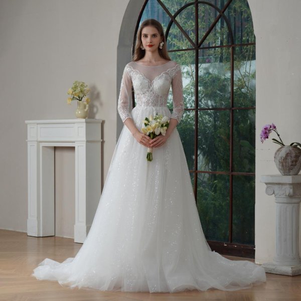 elegant a line wedding dress scoop neck 3/4 long sleeve pleat lace sweep strain bridal dress vf25006