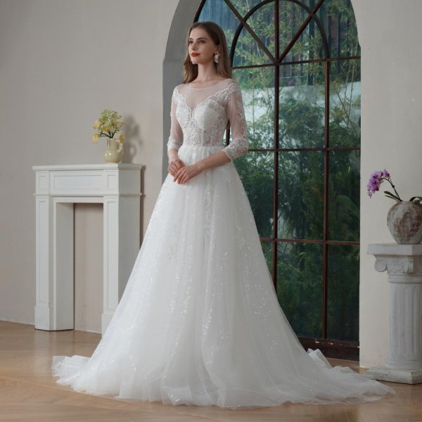 elegant a line wedding dress scoop neck 3/4 long sleeve pleat lace sweep strain bridal dress vf25006