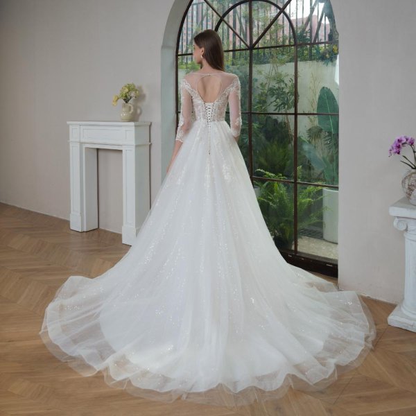 elegant a line wedding dress scoop neck 3/4 long sleeve pleat lace sweep strain bridal dress vf25006