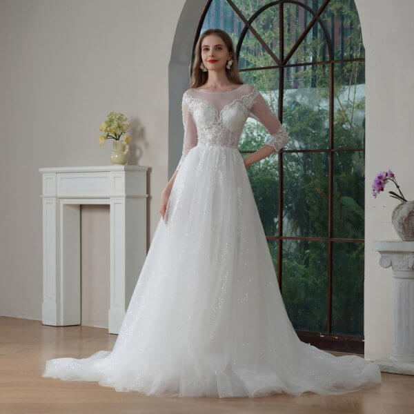 elegant a line wedding dress scoop neck 3/4 long sleeve pleat lace sweep strain bridal dress vf25006