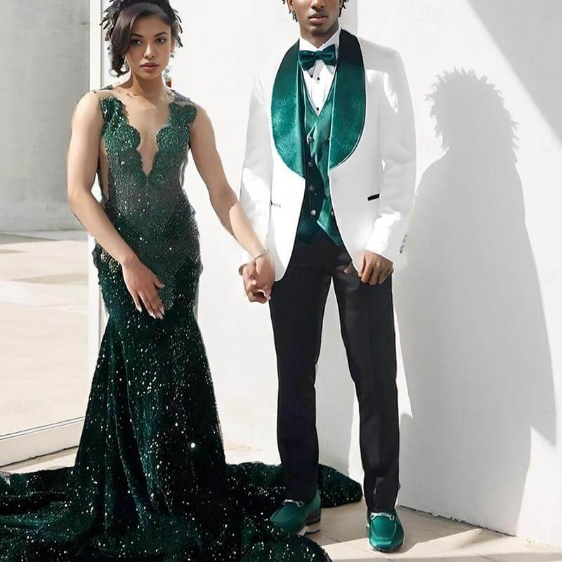 Green prom dress and suit
