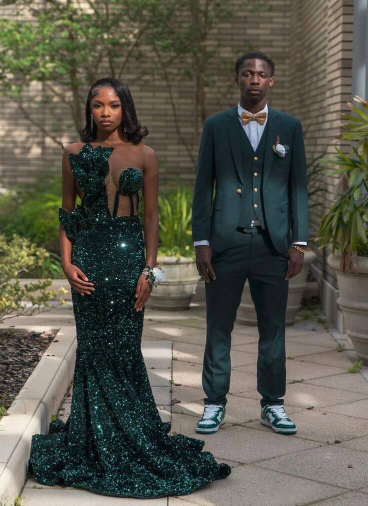Dark green prom dress and suit